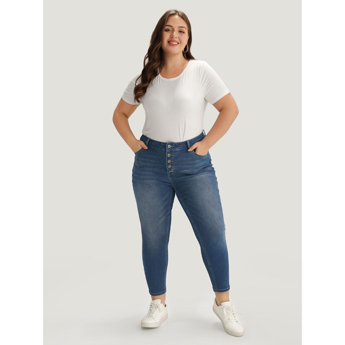 Plus Size Plain Button Fly High Rise Medium Wash Jeans Women Blue Casual Plain Plain High stretch Pocket Jeans BloomChic 16/1X Product Image