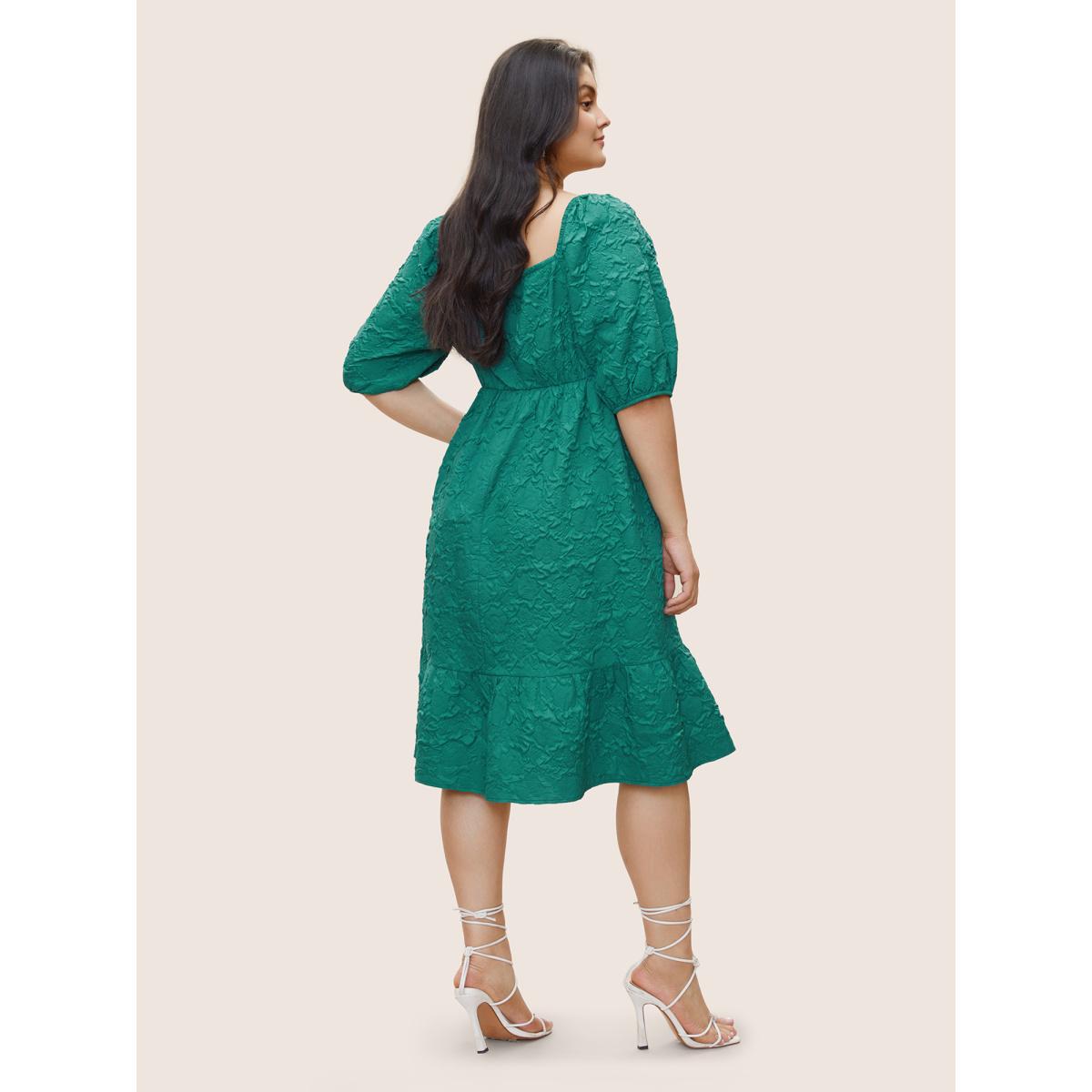 Plus Size Plisse Patchwork Flutter Hem Square Neck Dress Emerald Women Elegant Non Square Neck Half Sleeve Curvy Midi Dress BloomChic 14-16/1X Product Image
