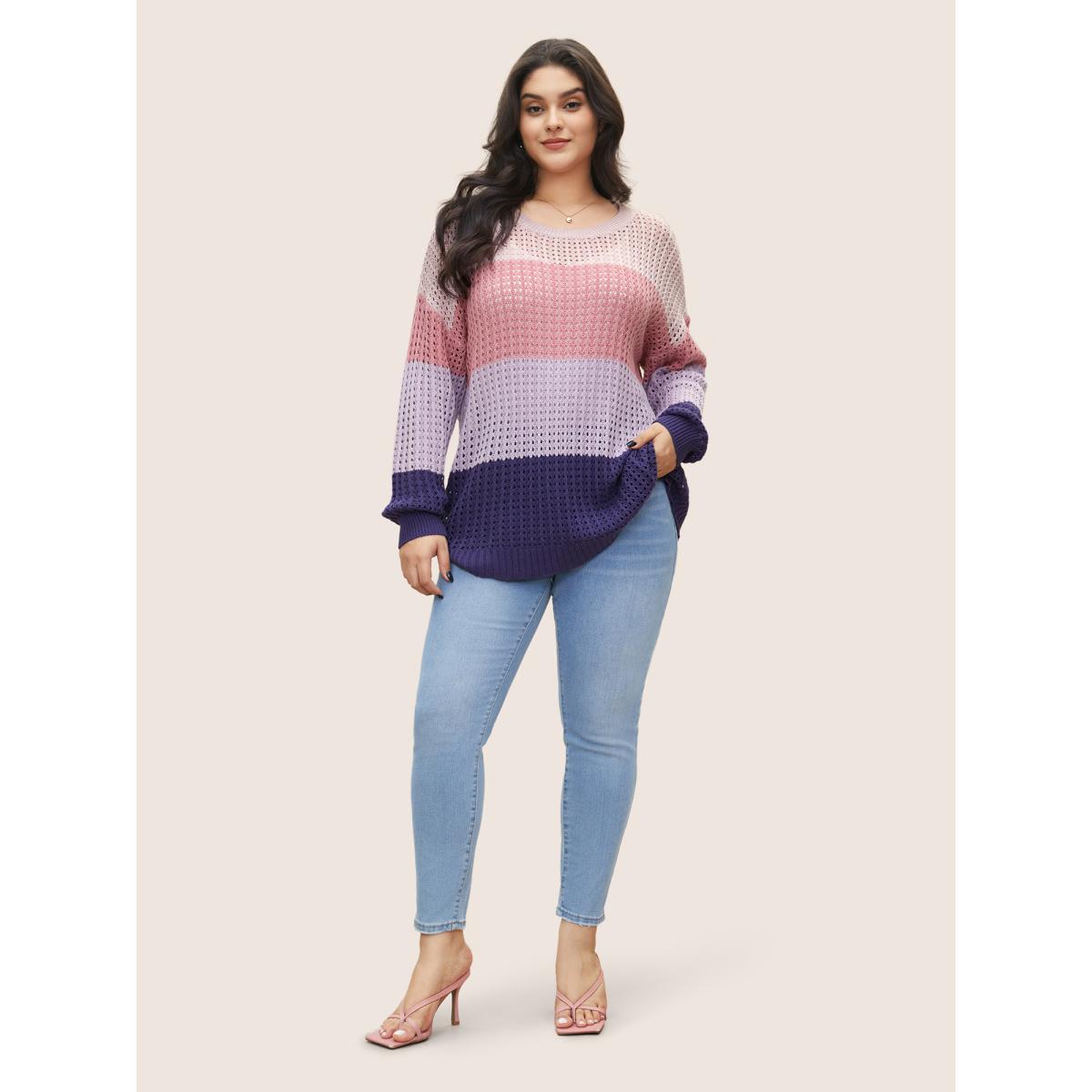 Plus Size Colorblock Contrast Pointelle Knit Drop Shoulder Pullover Watermelon Women Casual Long Sleeve Round Neck Everyday Pullovers BloomChic 18-20/2X Product Image