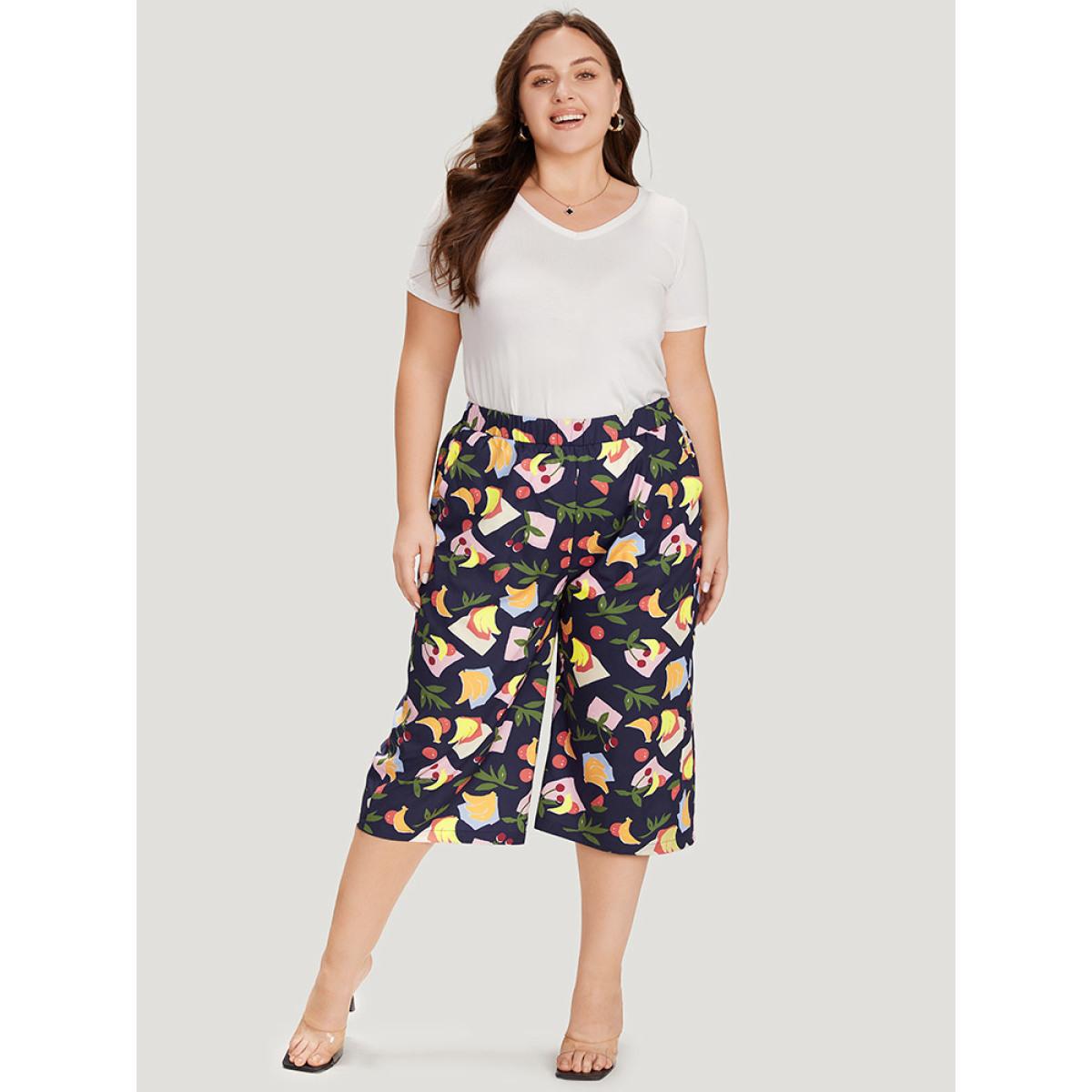 Plus Size Fruit Print Slant Pocket Elastic Waist Pants Women Multicolor Elegant High Rise Dailywear Pants BloomChic 12/L Product Image