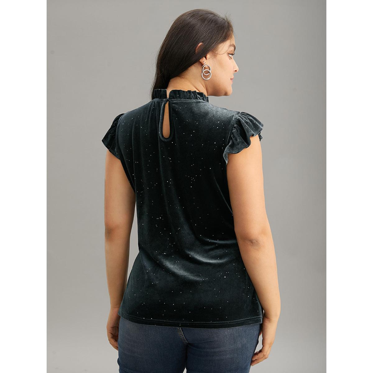 Plus Size Velvet Frill Trim Ruffle Cap Sleeve Tank Top Women Gray Elegant Velvet Mock Neck Dailywear Tank Tops Camis BloomChic 18-20/2X Product Image