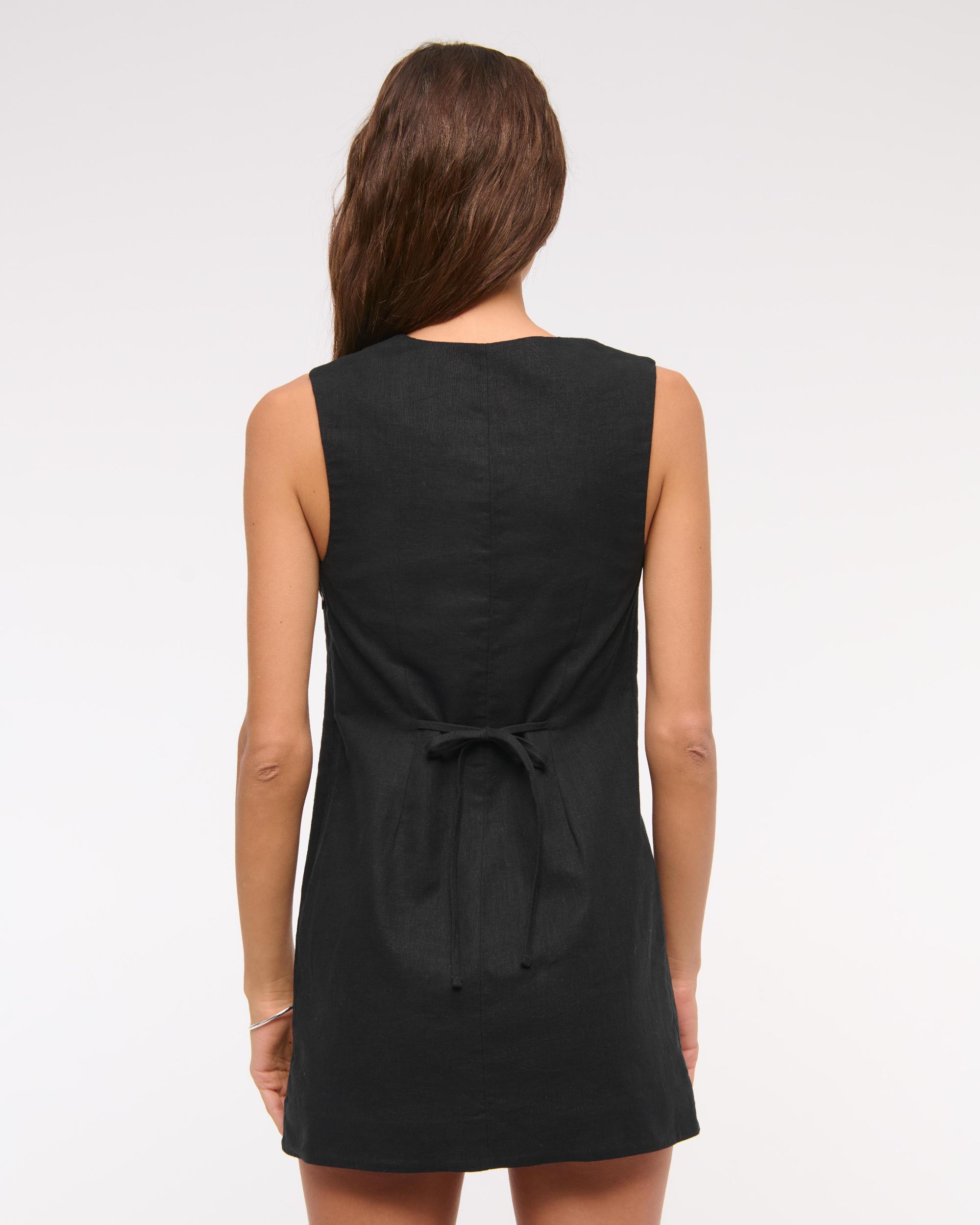 Linen-Blend V-Neck Button Mini Dress Product Image