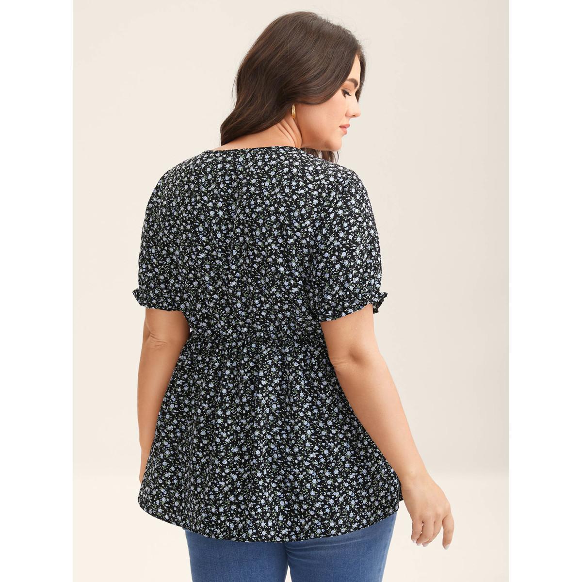 Plus Size Black Ditsy Floral Print Bow-Tie Blouse Women Timeless Short sleeve Round Neck Elegant Blouses BloomChic 14-16/1X Product Image