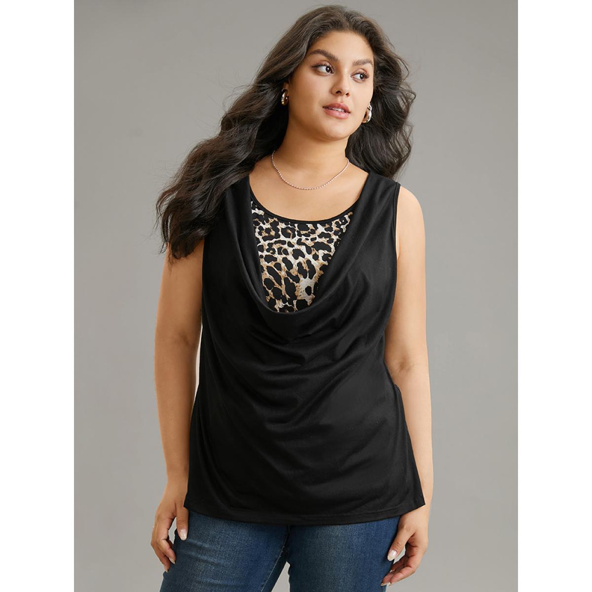 Plus Size Leopard Patchwork Round Neck Tank Top Women Black Elegant Patchwork Round Neck Dailywear Tank Tops Camis BloomChic 10/M Product Image