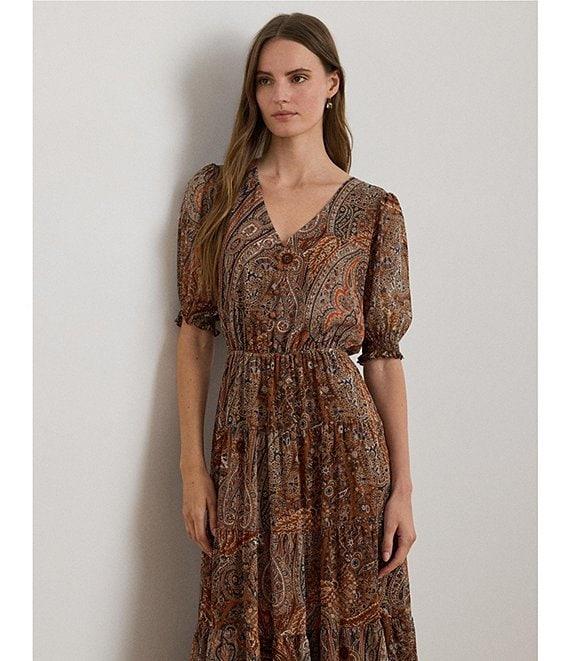 Lauren Ralph Lauren Paisley Print Belted Crinkle Georgette Dress Product Image