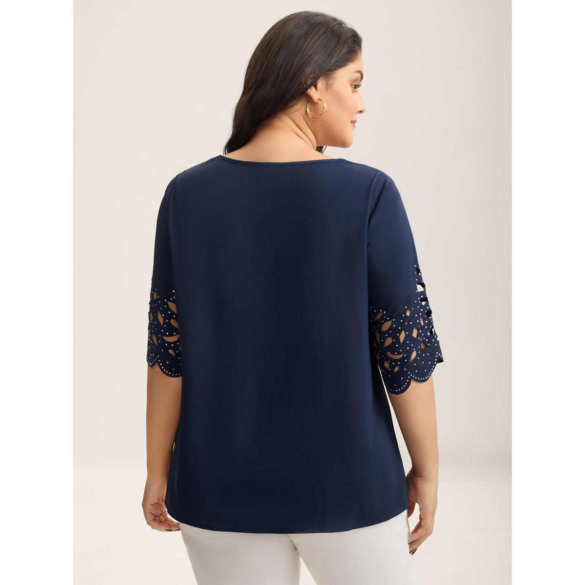 Plus Size DarkBlue Floral Cut-Out Sequin Solid Blouse Women Timeless Elbow-length sleeve V-neck Elegant Blouses BloomChic 22-24/3X Product Image