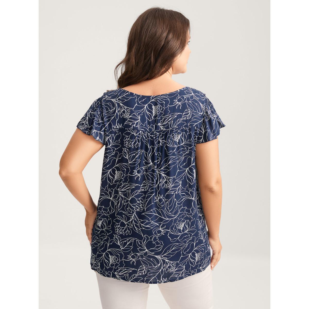 Plus Size DarkBlue Floral Abstract Print Ruffled Blouse Women Timeless Short sleeve V-neck Elegant Blouses BloomChic 30/6X Product Image