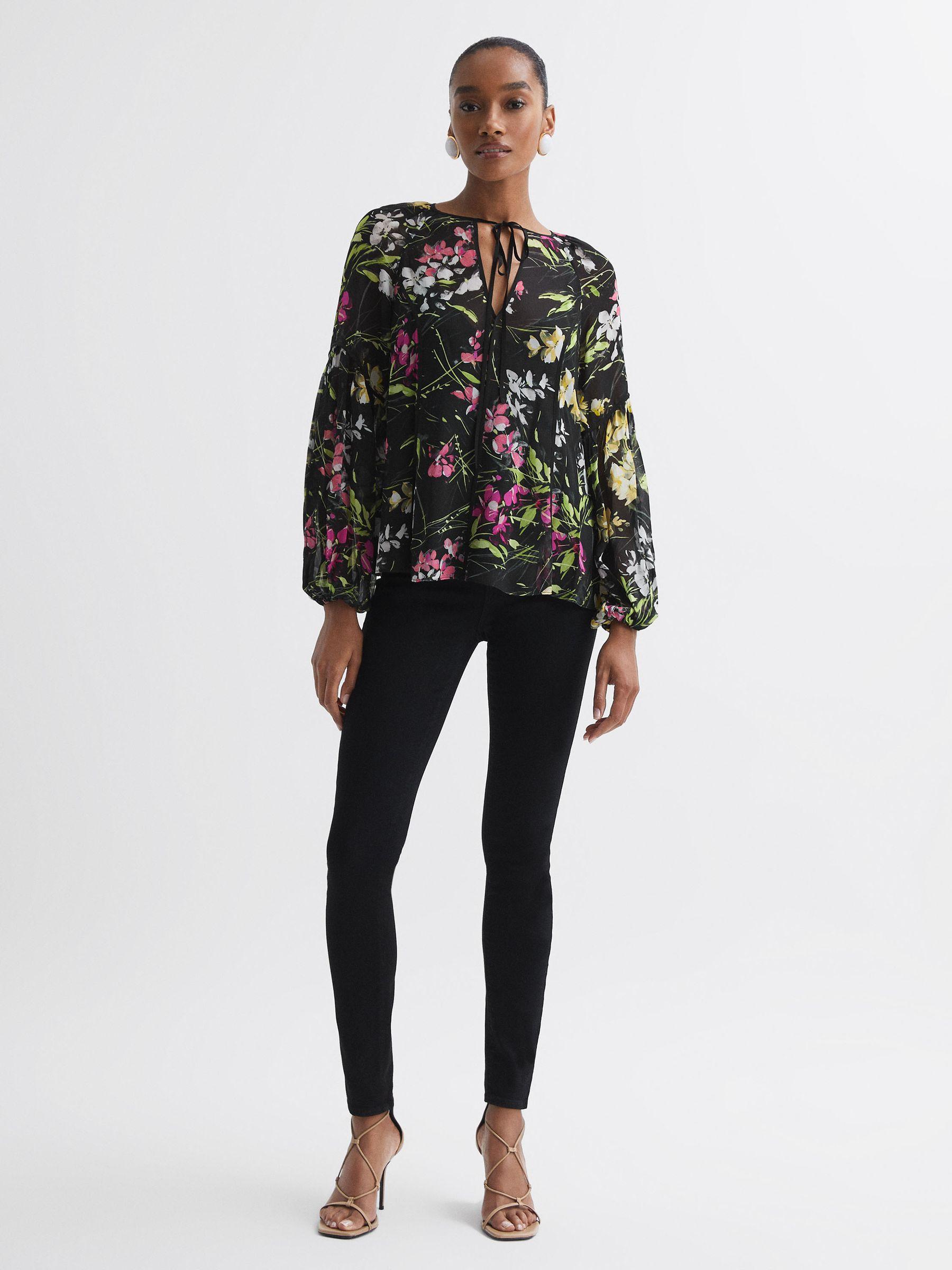 Florere Sheer Floral Tie Neck Blouse in Black Product Image