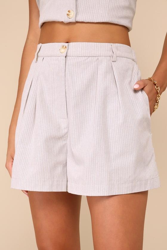 Posh Certainty Beige Pinstripe Linen Pleated High-Rise Shorts Product Image