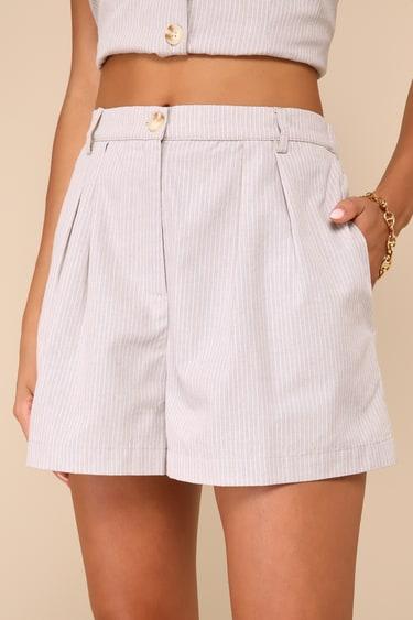 Posh Certainty Beige Pinstripe Linen Pleated High-Rise Shorts Product Image