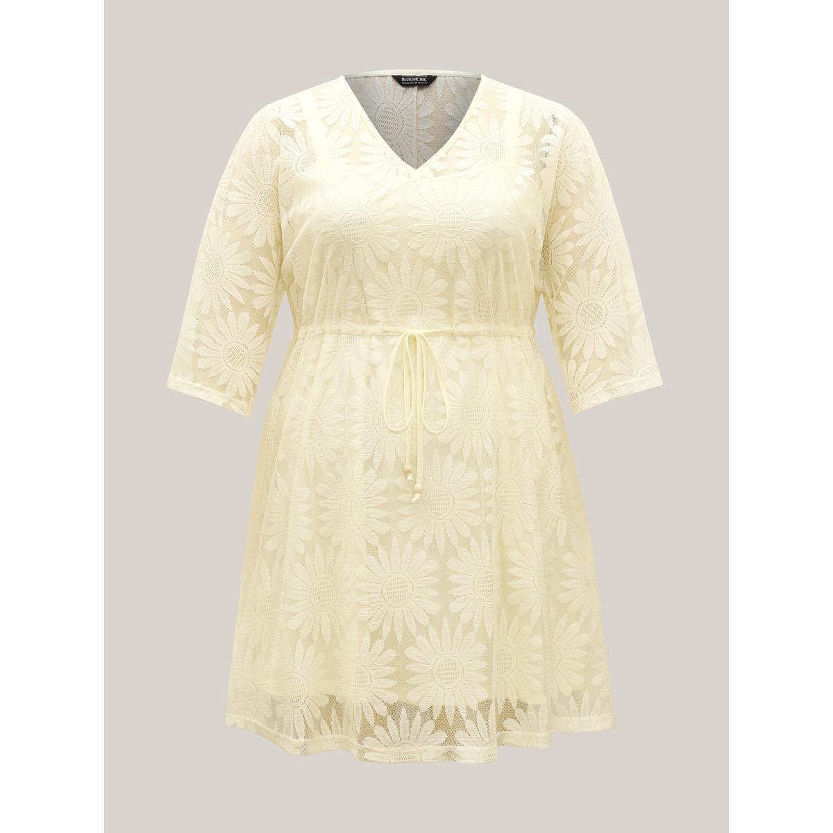 Plus Size Woven Tied Two-Piece Sheer Midi Dress Apricot Women Drawstring V-neck Half Sleeve Curvy BloomChic 18-20/2X Product Image