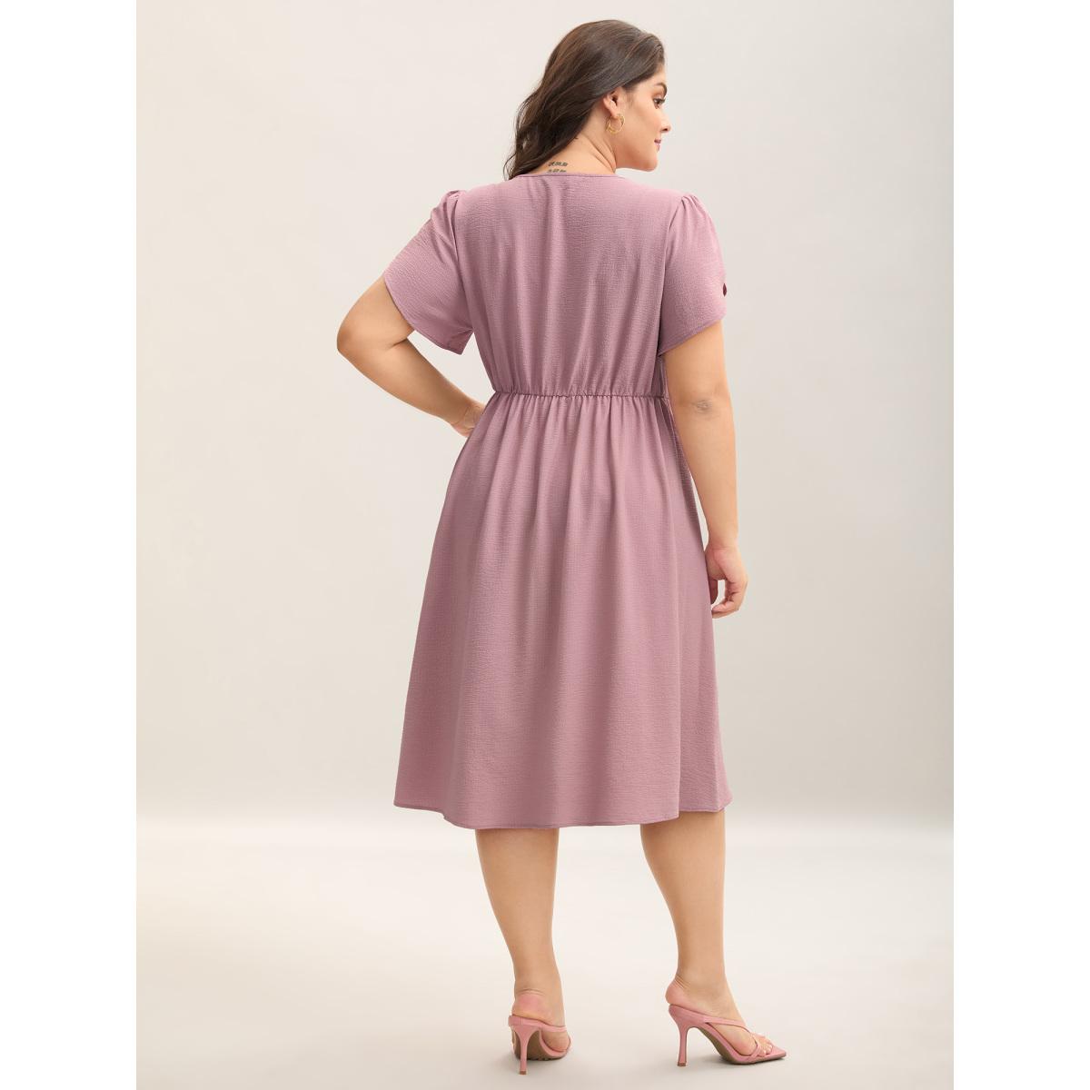 Plus Size Textured Split Neck Button Plain Midi Dress Heather Women Notched collar Short sleeve Curvy BloomChic 26/4X Product Image