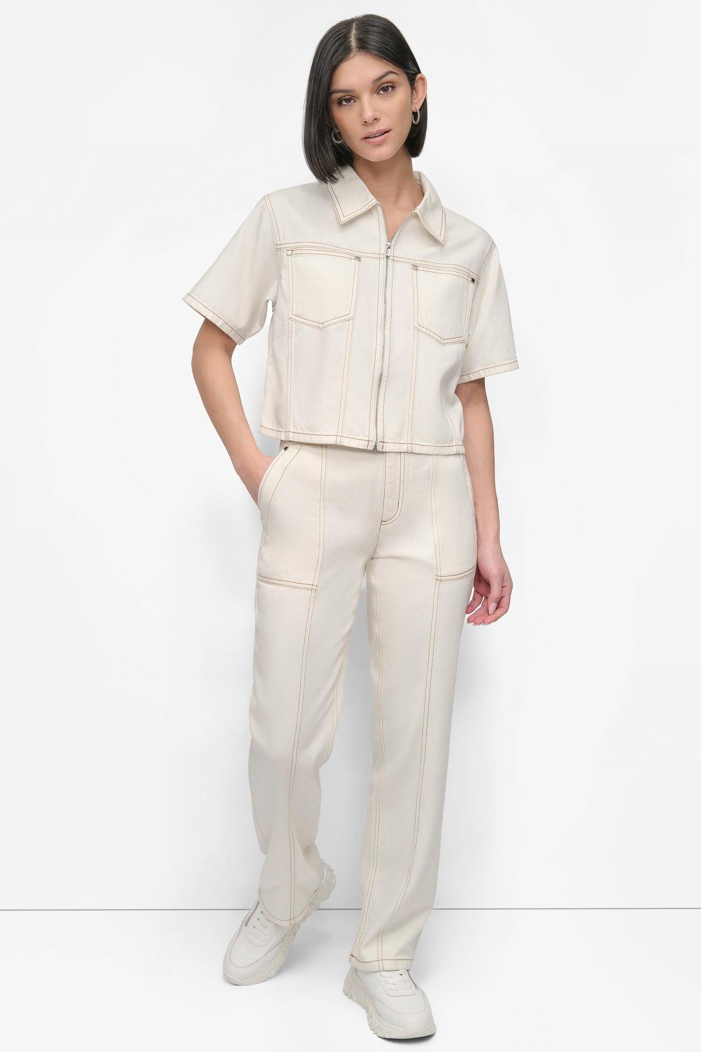 CROPPED ZIP-FRONT DENIM SHIRT Product Image