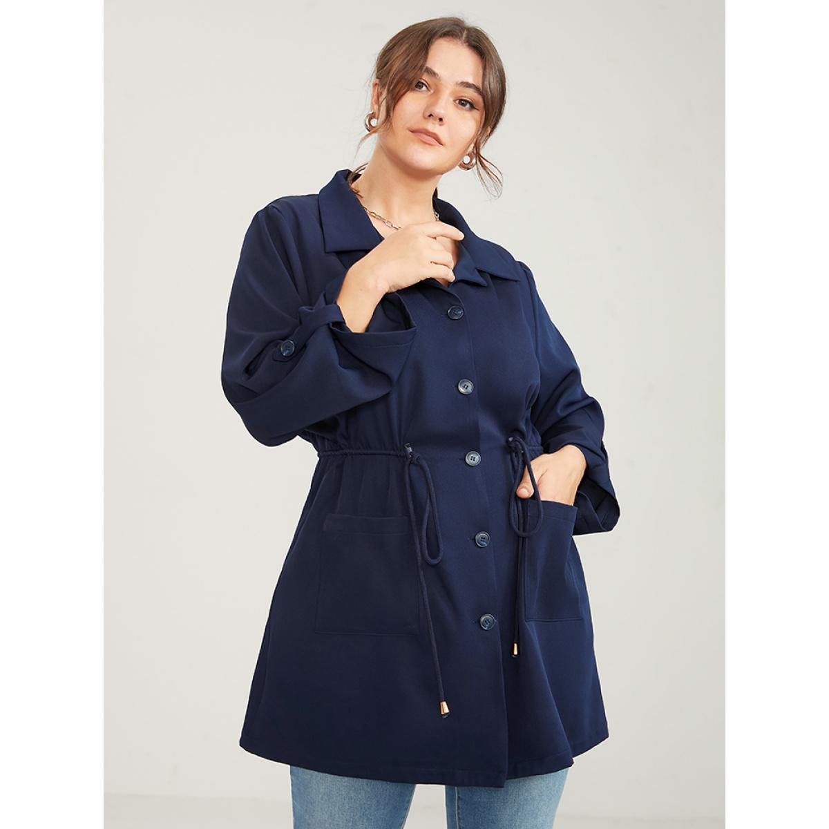 Plus Size Solid Pocket Button Up Cuffed Sleeve Drawstring Coat Women Navy Elegant Pocket Ladies Dailywear Winter Coats BloomChic 30/6X Product Image