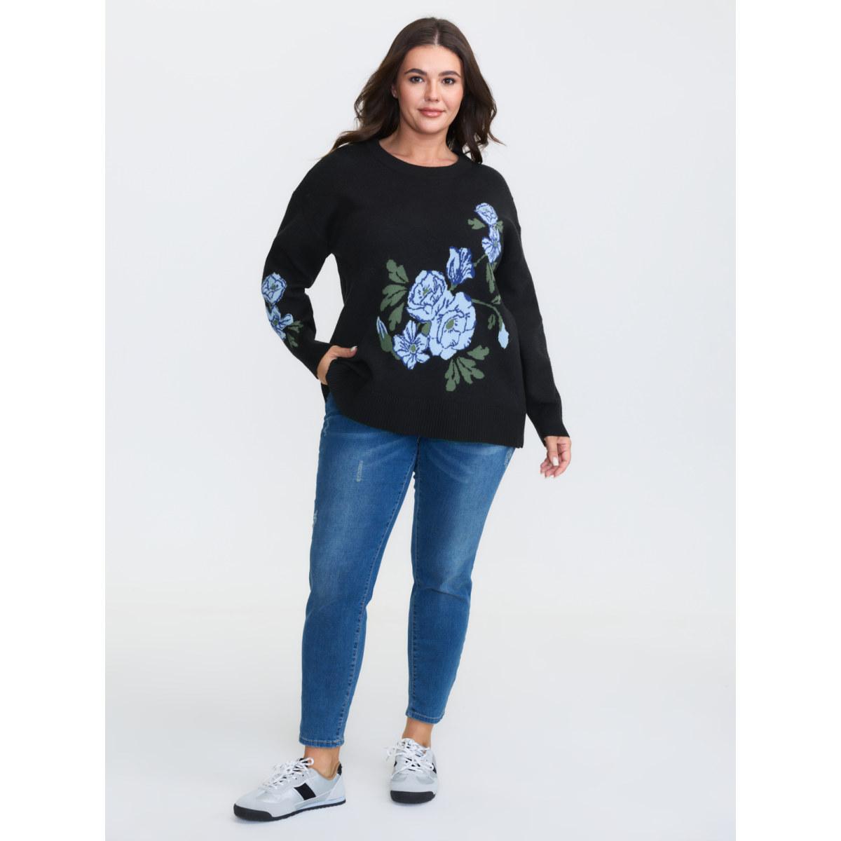 Plus Size Rosy Jacquard Drop Shoulder Pullover Black Women Playful Loose Long Sleeve Round Neck Casual Pullovers BloomChic 30/6X Product Image