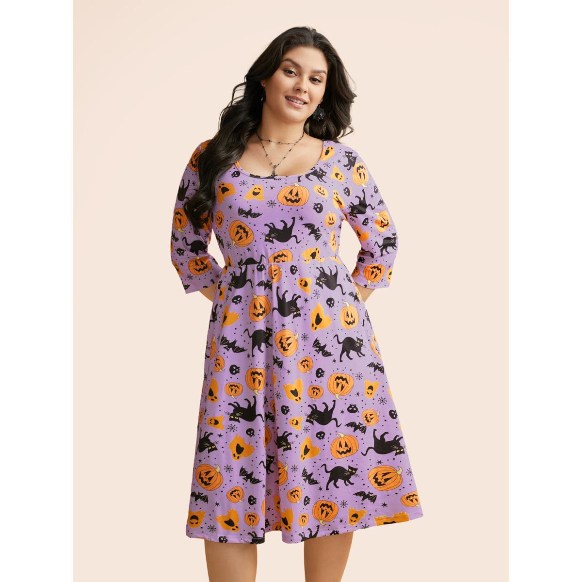 Plus Size Pumpkin Spiced Elastic Waist Printed Midi Dress Lilac Women Cocktail Non Party Curvy Bloomchic 12/L Product Image