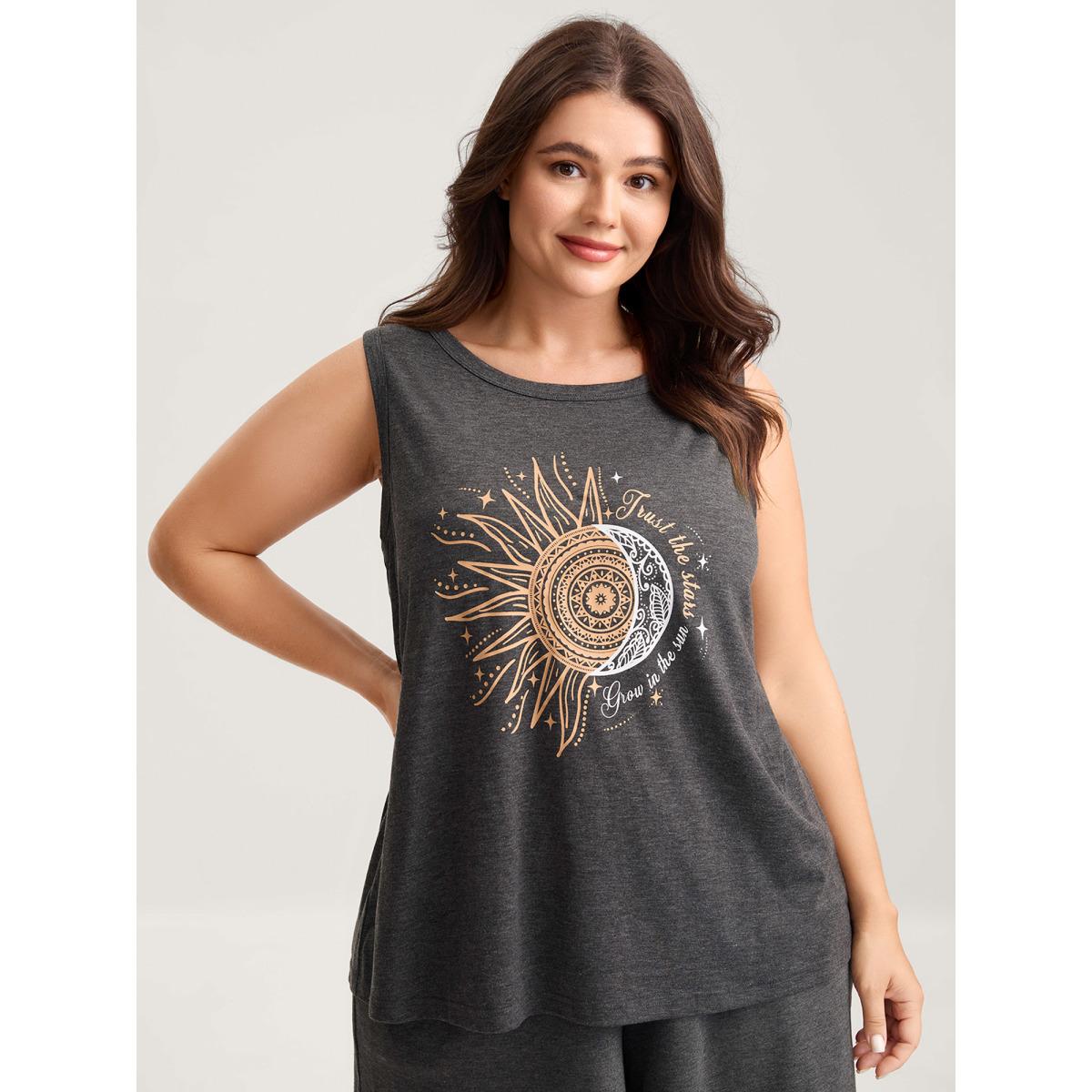 Plus Size Star & Moon Print Solid Tank Top Women DimGray Leisure Non Round Neck Casual Tank Tops Camis BloomChic 14-16/1X Product Image