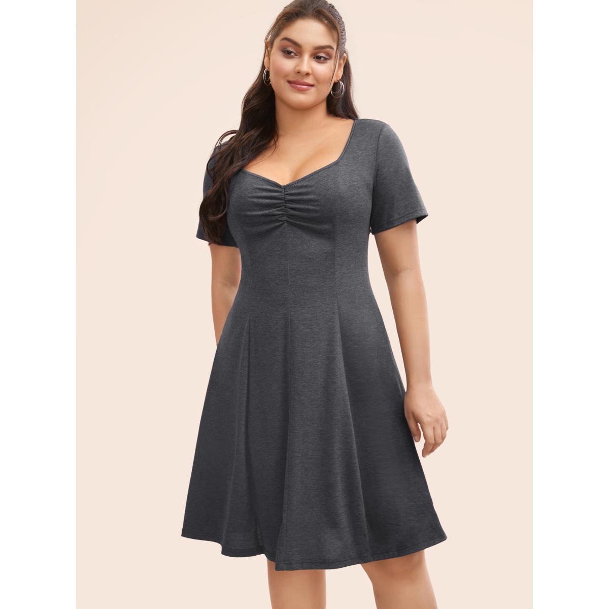 Plus Size Solid Heart Neckline Ruched Dress DarkSlateGray Women Casual Gathered Heart neckline Short sleeve Curvy BloomChic 18-20/2X Product Image