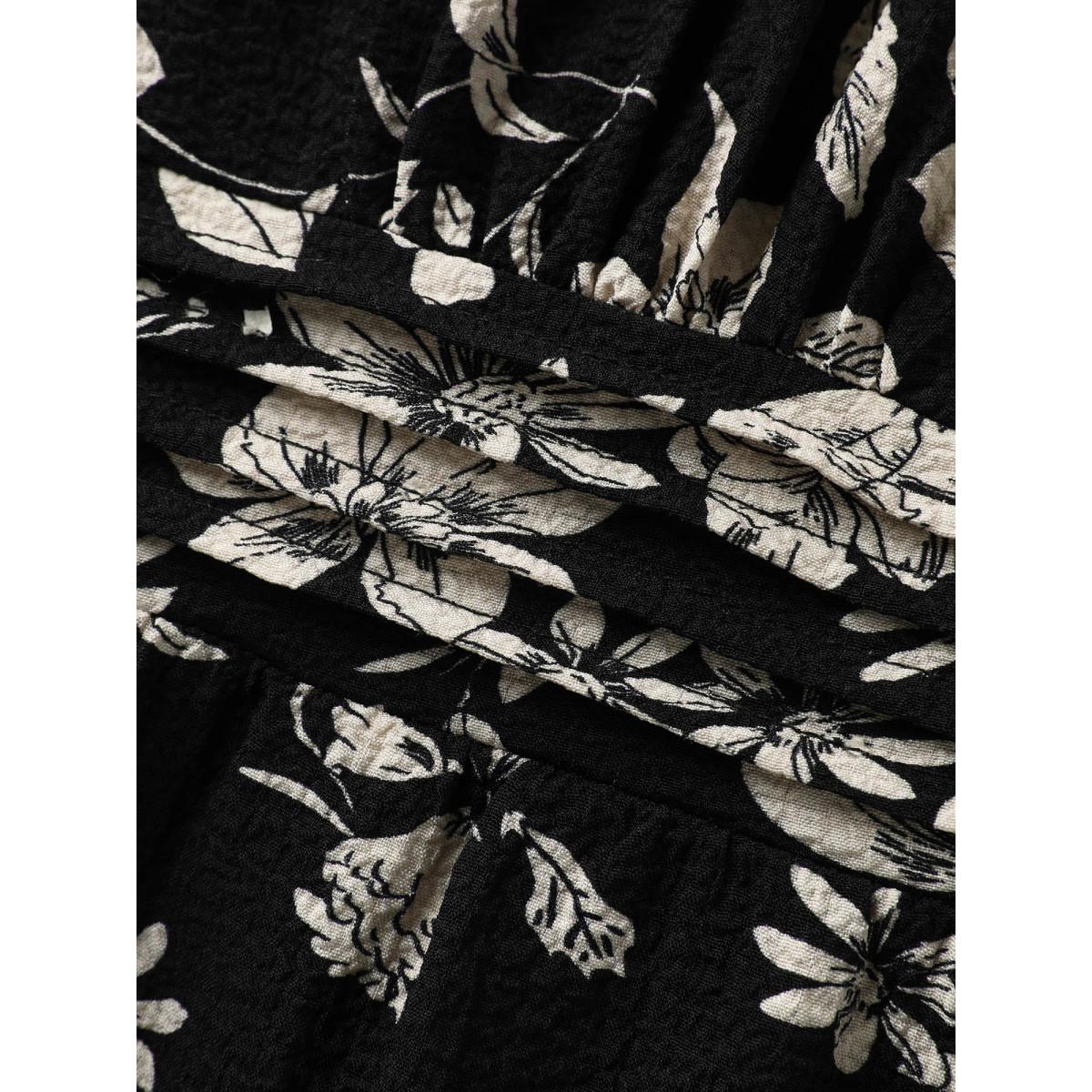 Plus Size Silhouette Floral Pleated Waist V-Neck Midi Dress Black Women Tucked seam V-neck Short sleeve Curvy BloomChic 22-24/3X Product Image