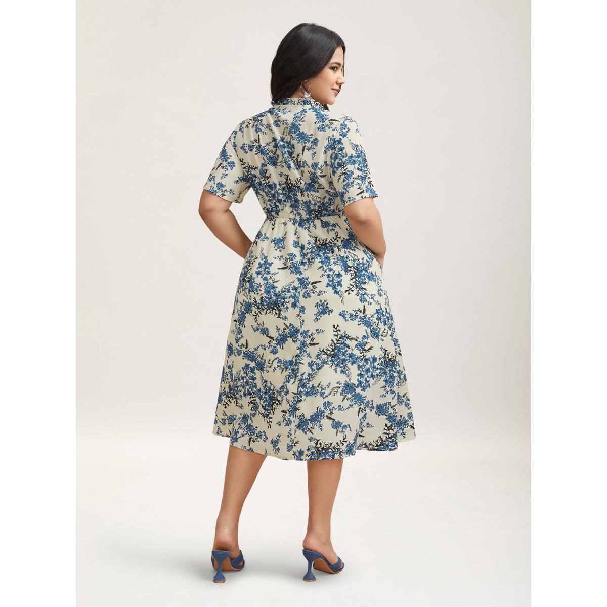 Plus Size In Full Bloom Notched Collar Pockets Midi Dress Skyblue Women Elegant Tie knot Notched collar Short sleeve Curvy BloomChic 28/5X Product Image