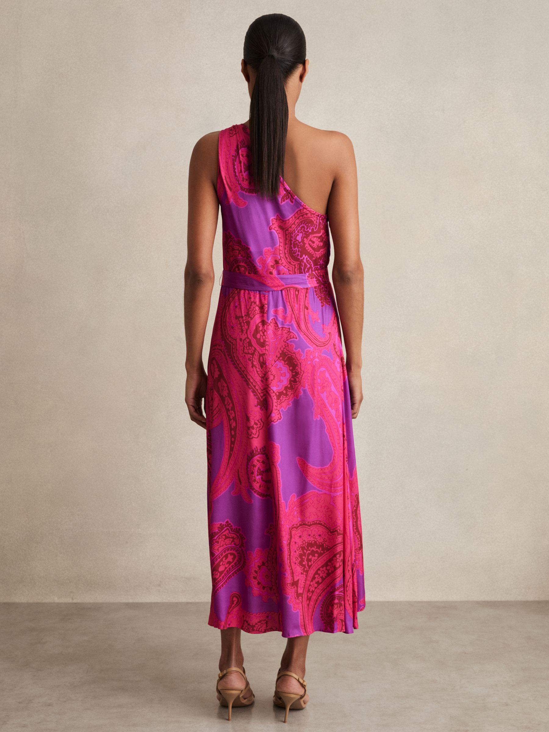 Paisley-Print One-Shoulder Midi Dress in Pink Product Image