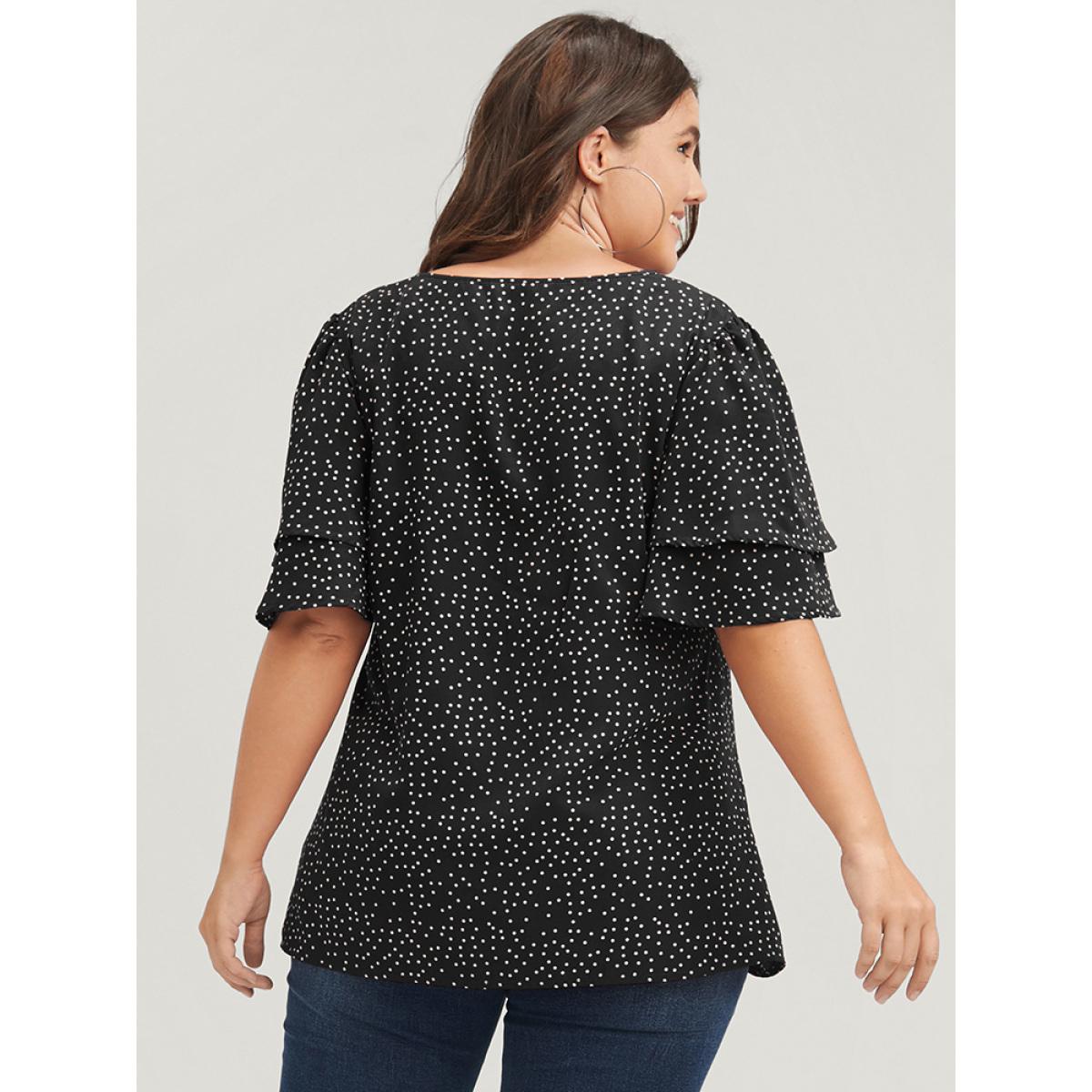 Plus Size Black Polka Dot Ruffle Sleeve Button Front Blouse Women Elegant Short sleeve V-neck Dailywear Blouses BloomChic 10/M Product Image