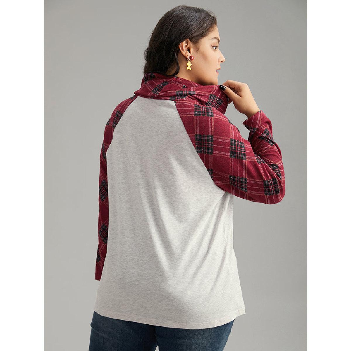 Plus Size Elk Plaid Patchwork Cowl Neck T-shirt LightGray Women Casual Contrast Christmas Cowl Neck Festival-Christmas T-shirts BloomChic 10/M Product Image