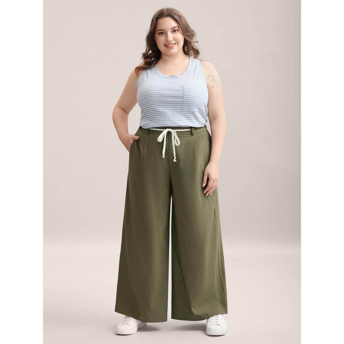 Plus Size Drawstring Pockets Wide-Leg Pants Women ArmyGreen Casual Wide Leg Mid Rise Casual Pants BloomChic 12/L Product Image