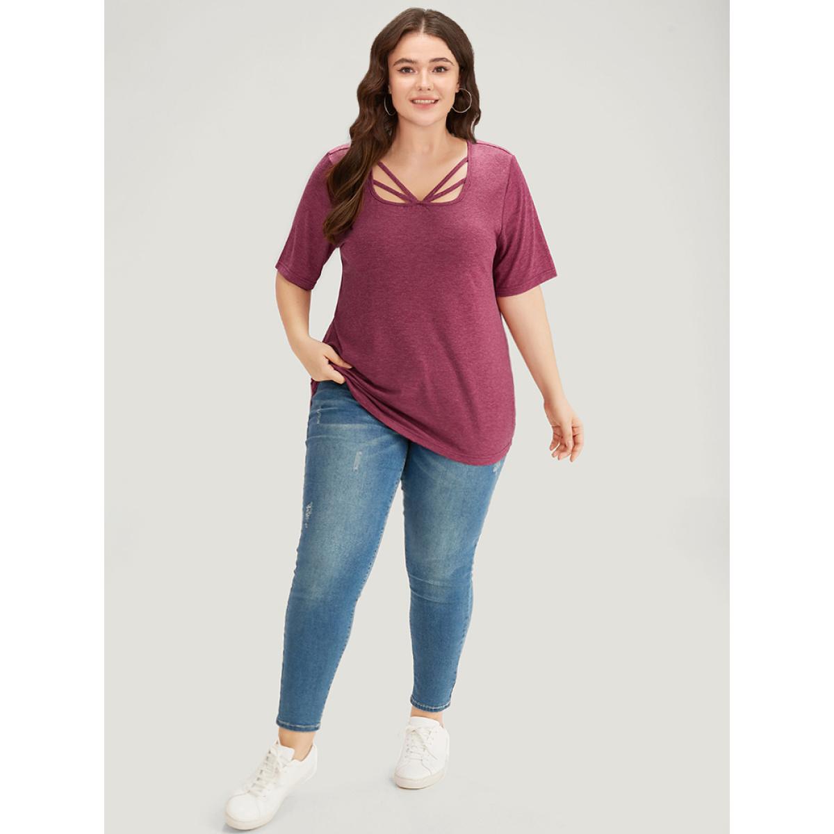 Plus Size Plain Heather Crisscross Square Neck T-shirt Burgundy Women Casual Plain Plain Square Neck Dailywear T-shirts BloomChic 18-20/2X Product Image