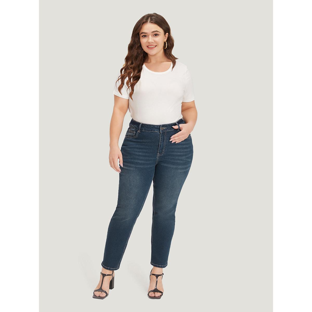 Plus Size Solid High Rise Pocket Dark Wash Jeans Women Midnight Casual Plain Plain High stretch Pocket Jeans BloomChic 22/3X Product Image