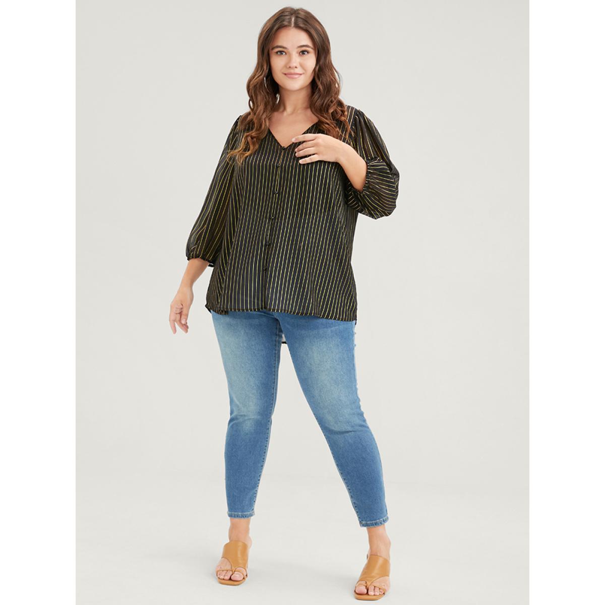 Plus Size Black Striped Mesh Lantern Sleeve V Neck Blouse Women Elegant Elbow-length sleeve V-neck Dailywear Blouses BloomChic 26/4X Product Image
