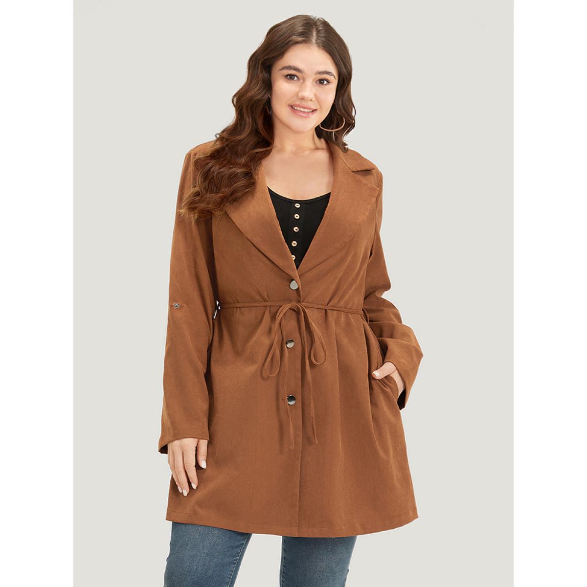 Plus Size Plain Corduroy Belted Bowknot Roll Tab Sleeve Coat Women Bronze Casual Plain Ladies Dailywear Winter Coats BloomChic 12/L Product Image