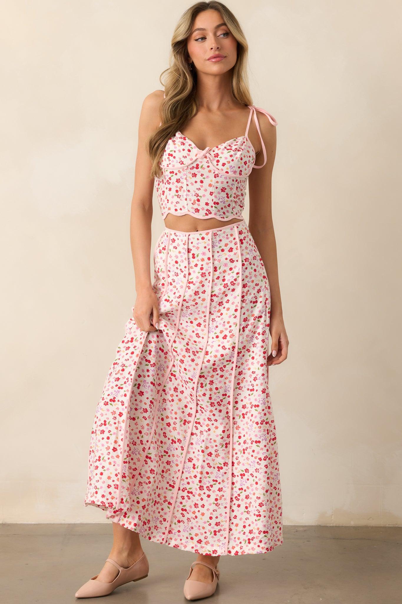 All Things Considered Pink Cherry Floral Bustier Crop Top Product Image
