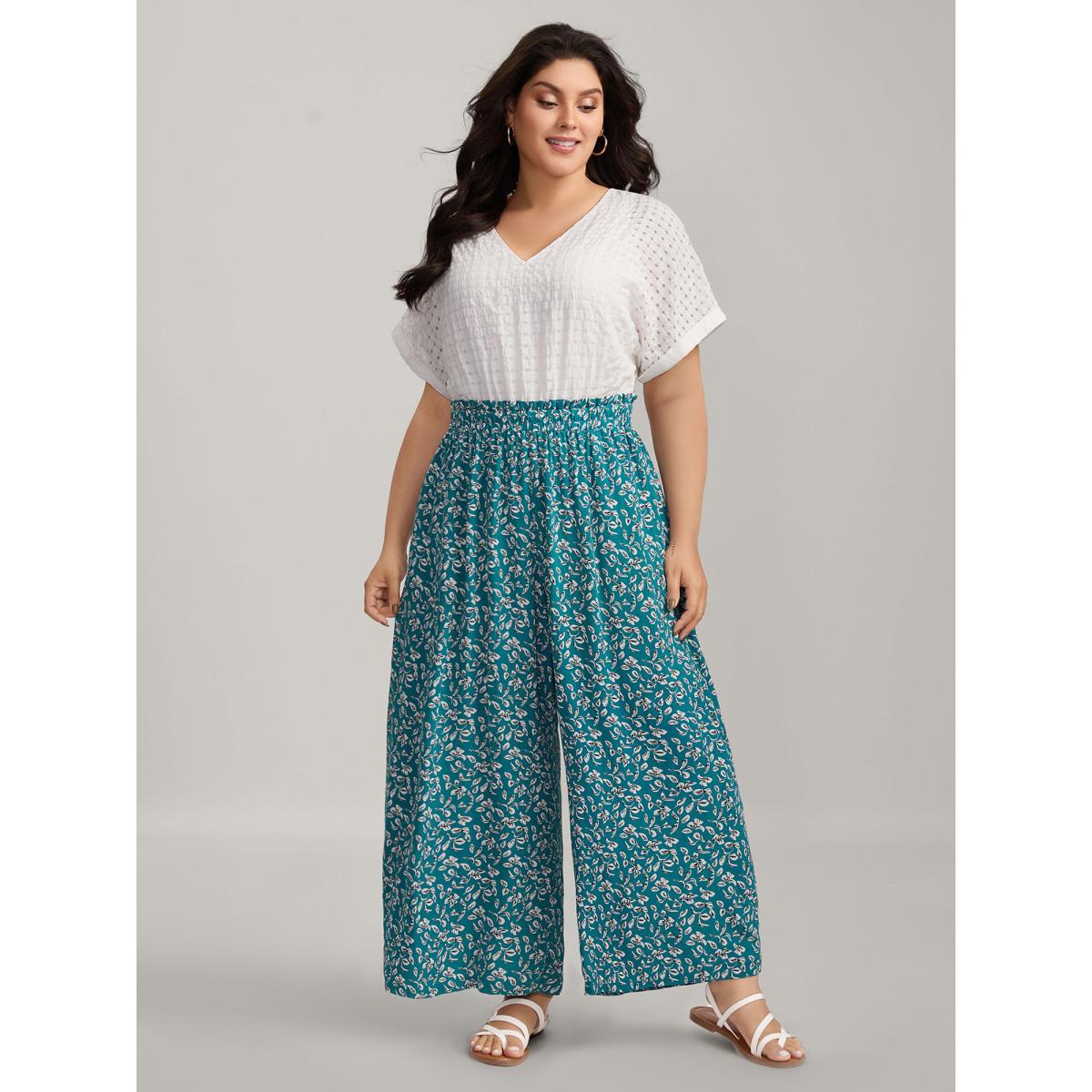 Plus Size Cerulean Floral Color Contrast Shirred Jumpsuit Women Leisure Cap Sleeve V-neck Casual Loose Jumpsuits BloomChic 22-24/3X Product Image