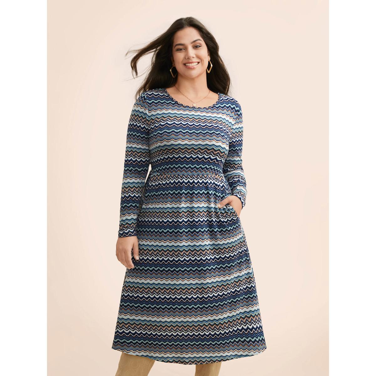 Plus Size Contrast Striped Crew Neck Midi Knit Dress Aegean Women Casual Contrast Knit Dresses Bloomchic 22-24/3X Product Image