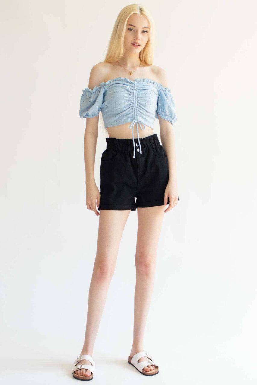 Black Cuffed Paper Bag Waist Denim Shorts Product Image