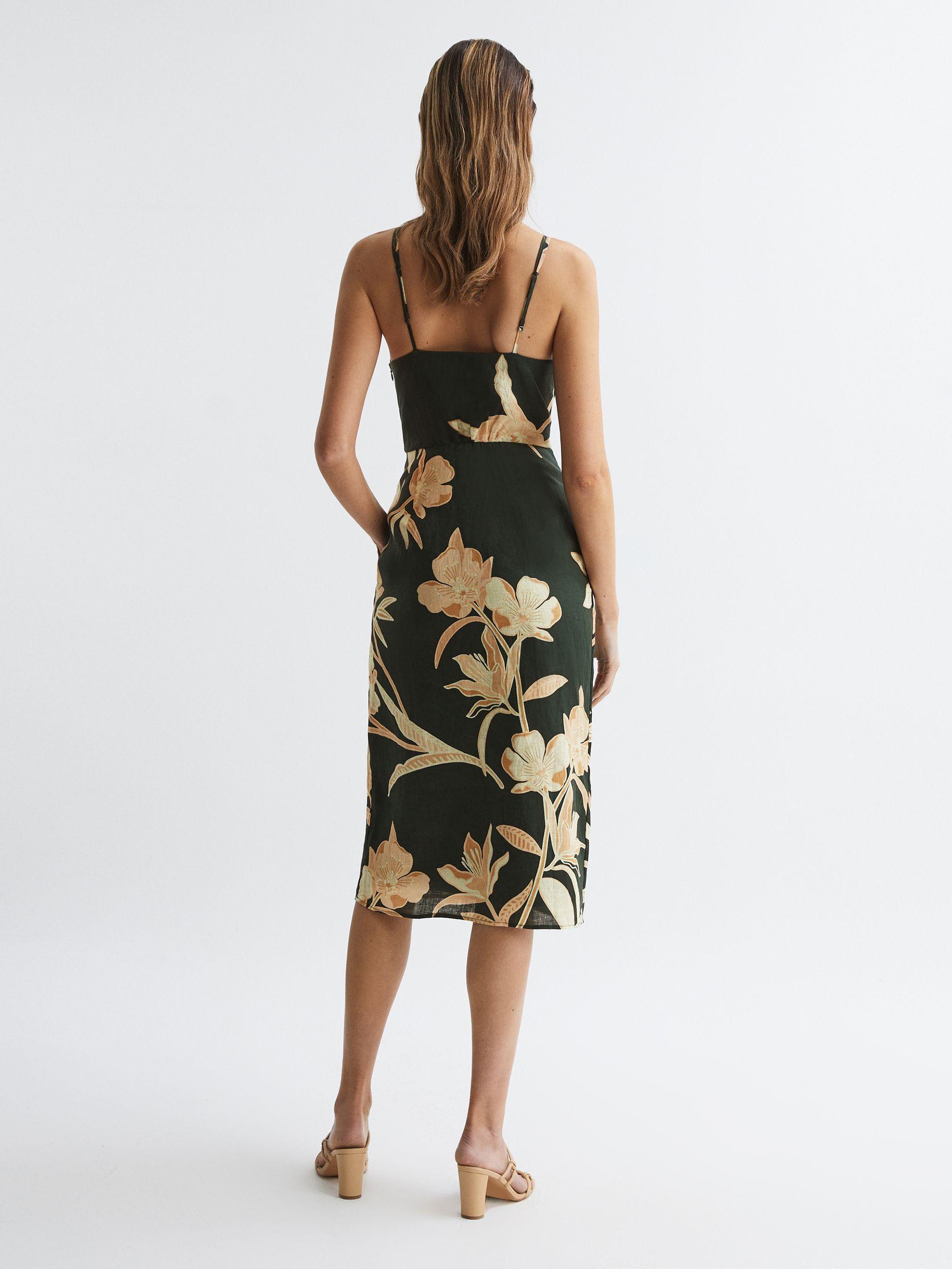 Fitted Floral Print Midi Dress in Khaki Product Image