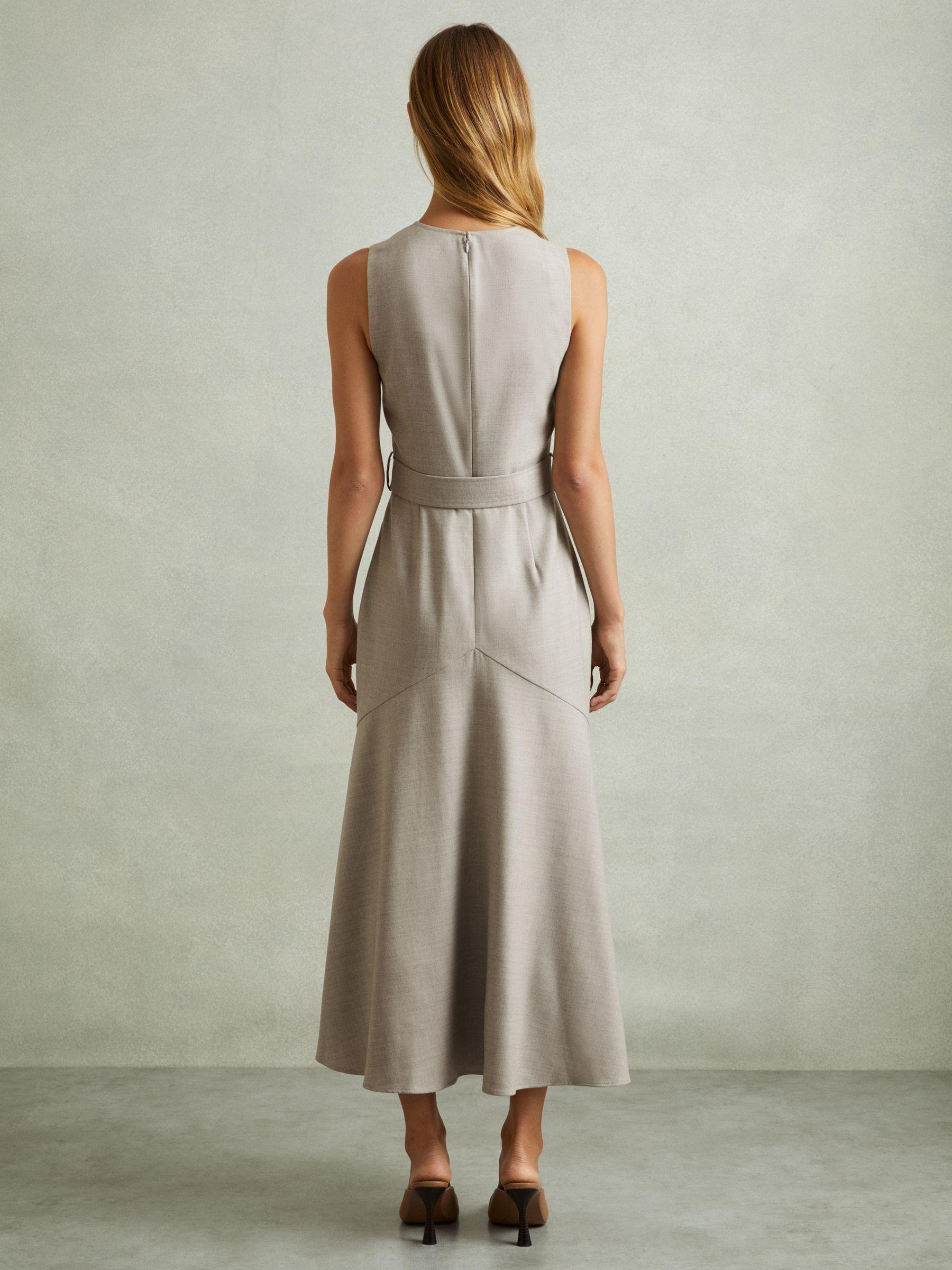 Belted Flared Midi Dress in Grey Product Image