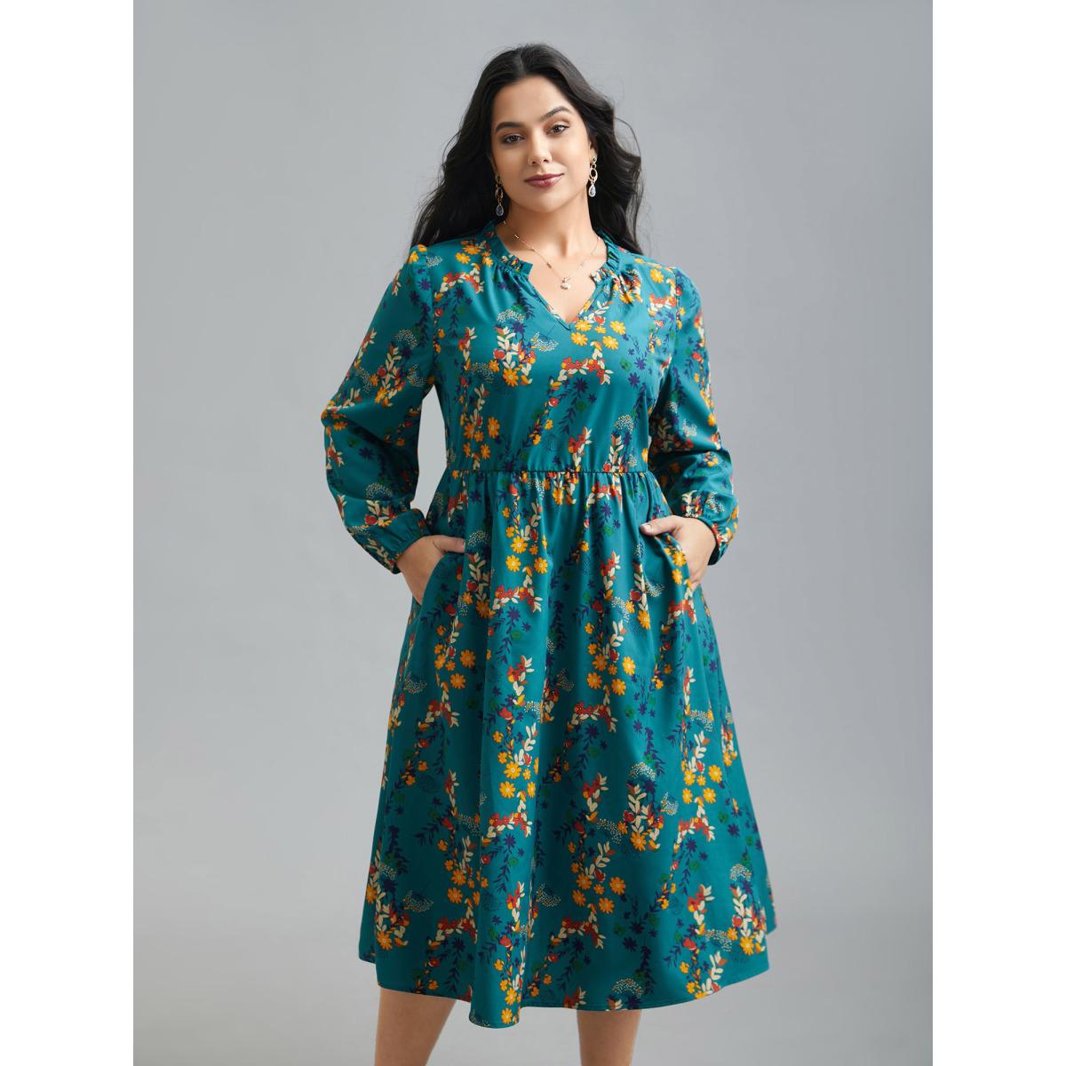 Plus Size Floral Print Ruffled Notched Collar Midi Dress Aegean Women Elegant Gathered Notched collar Long Sleeve Curvy BloomChic 18-20/2X Product Image