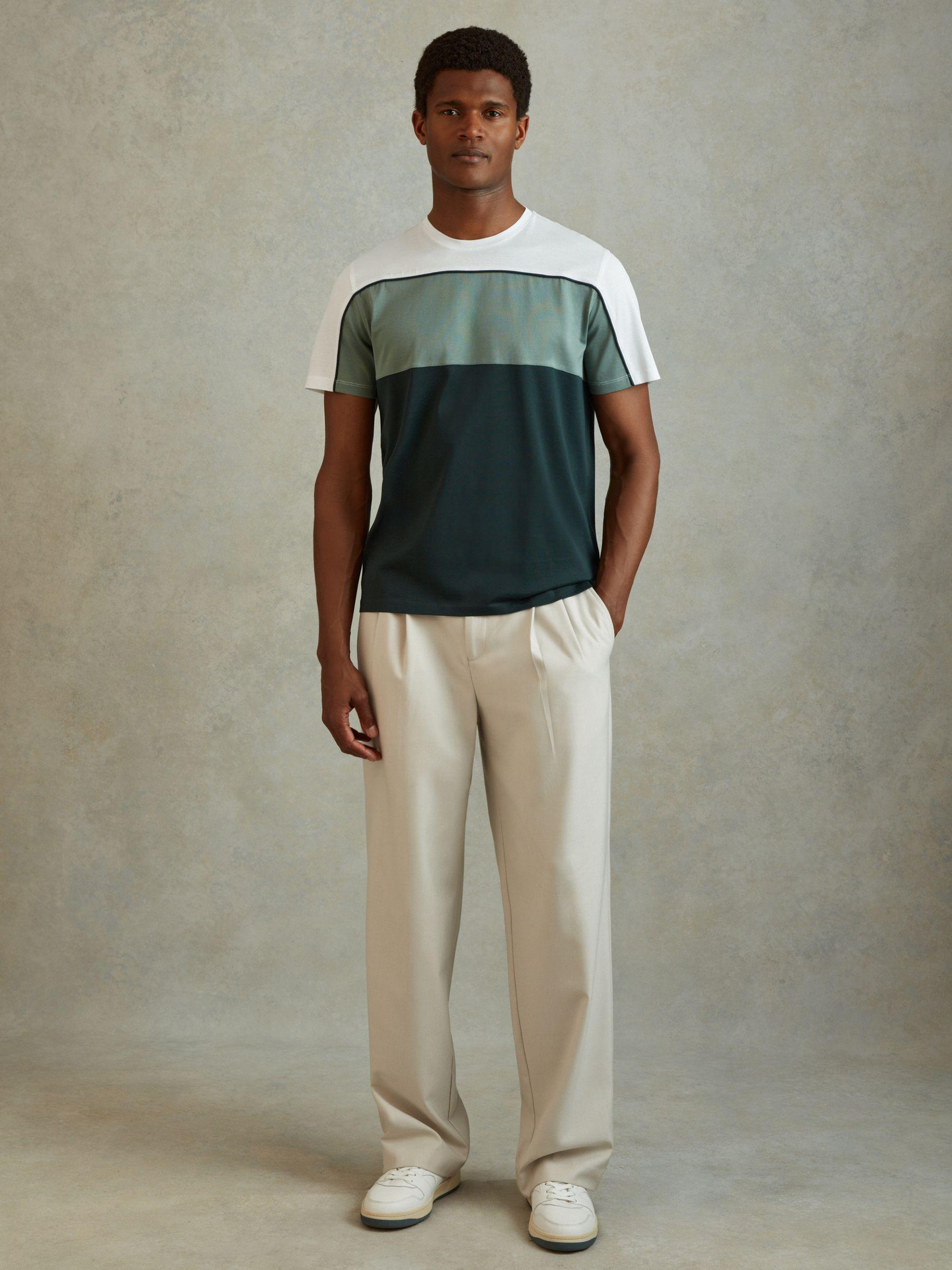 Mercerised Cotton Colourblock Crew Neck T-Shirt in Dark Green/White Product Image