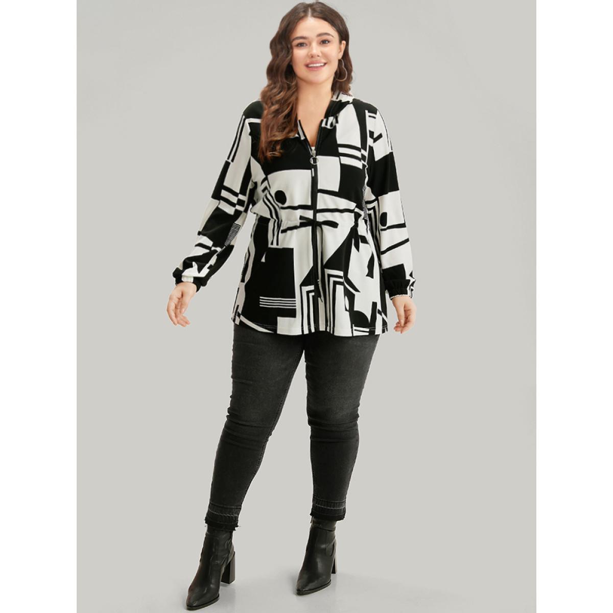 Plus Size Halloween Geometric Print Drawstring Zipper Hooded Knot Jacket Women Black Zipper Dailywear Jackets BloomChic 14-16/1X Product Image