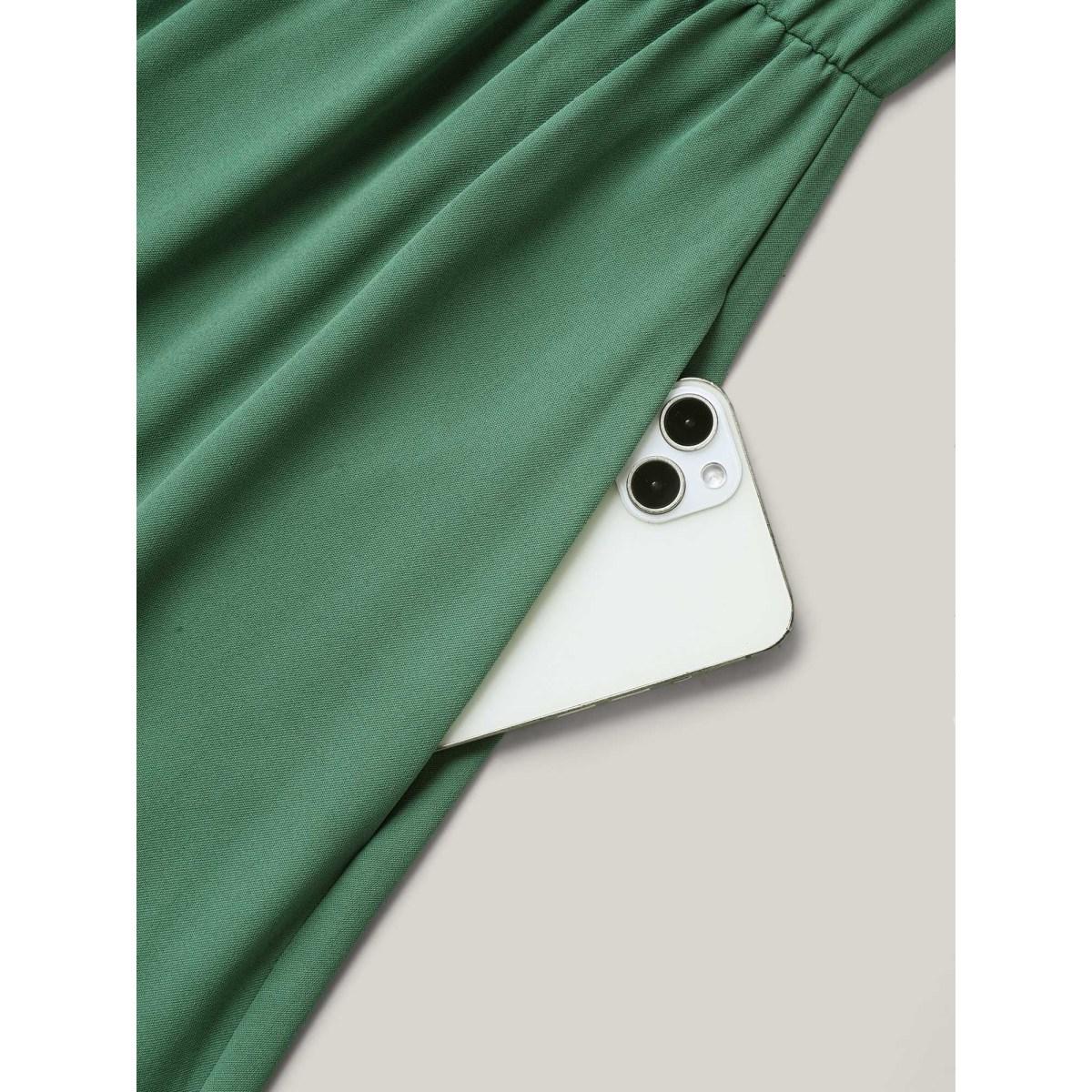 Plus Size Lace Trim Pleated Ruffled Sleeve Midi Dress Emerald Women Round Neck Sleeveless Curvy BloomChic 12/L Product Image