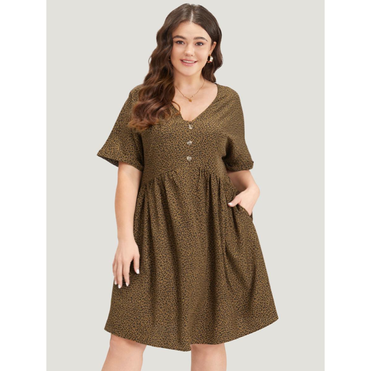 Plus Size Leopard Print V Neck Button Detail Dolman Sleeve Dress Bronze Women Elegant Button V-neck Short sleeve Curvy Knee Dress BloomChic 14-16/1X Product Image