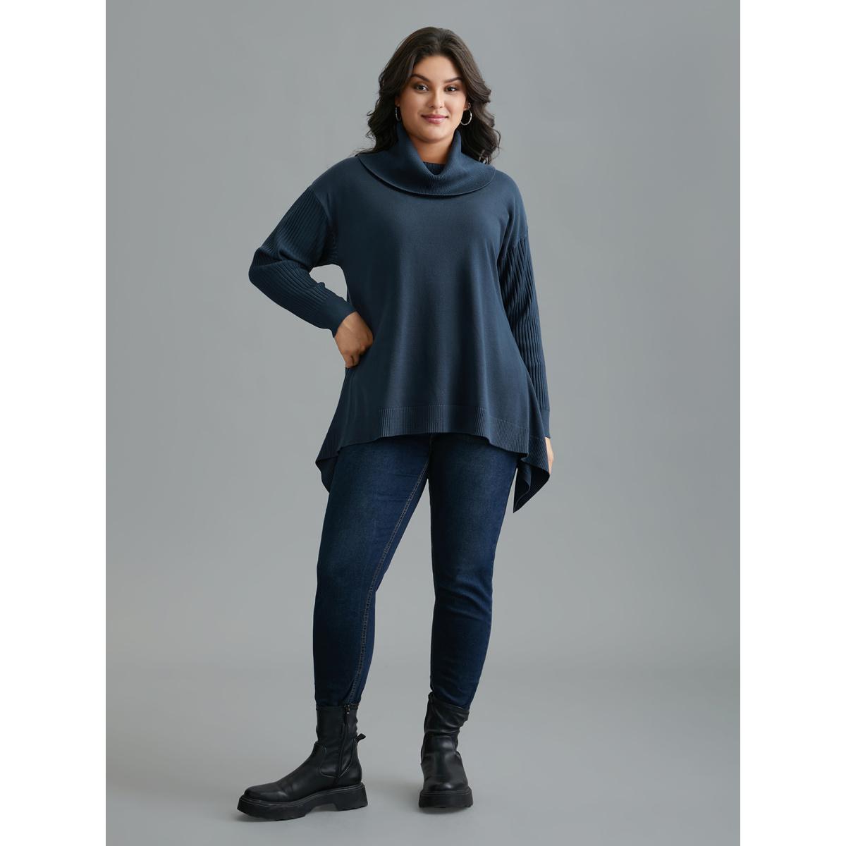 Plus Size Supersoft Essentials Textured Drop Shoulder Turtleneck Pullover Indigo Women Casual Loose Long Sleeve Turtleneck Everyday Pullovers BloomChic 14-16/1X Product Image