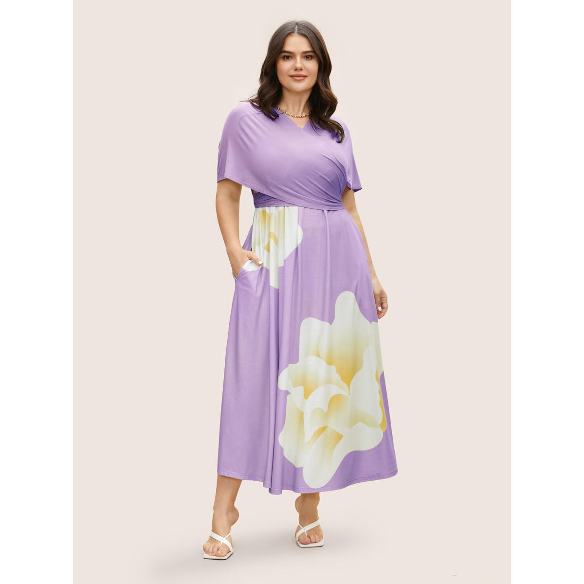 Plus Size Everywhere Dress - Floral Mesh Ties Dress Lilac Women Elegant Belted Non Sleeveless Curvy BloomChic 18-20/2X Product Image