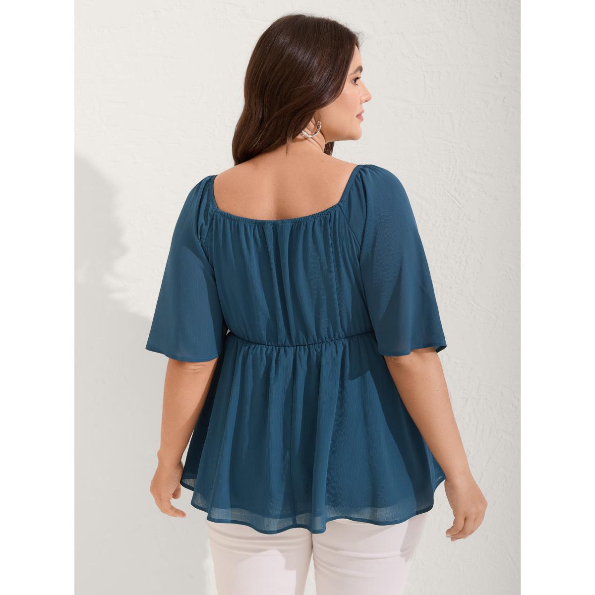 Plus Size Aegean Shirred Ruffled Sleeve Color Contrast Blouse Women Half Sleeve Square Neck Vacation Blouses BloomChic 14-16/1X Product Image