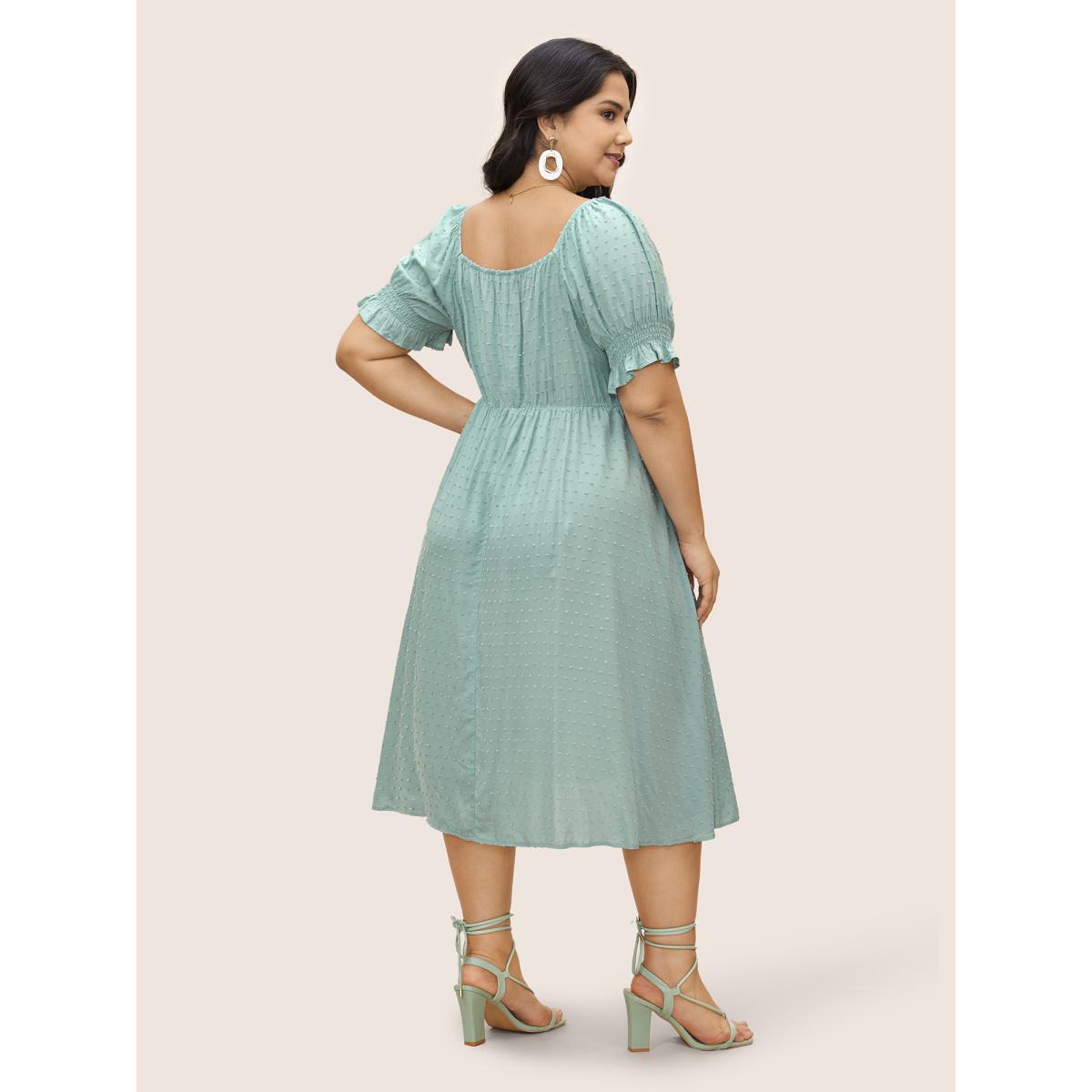 Plus Size Supersoft Essentials Solid Puff Sleeve Shirred Dress Turquoise Women Elegant Texture Square Neck Short sleeve Curvy BloomChic 12/L Product Image