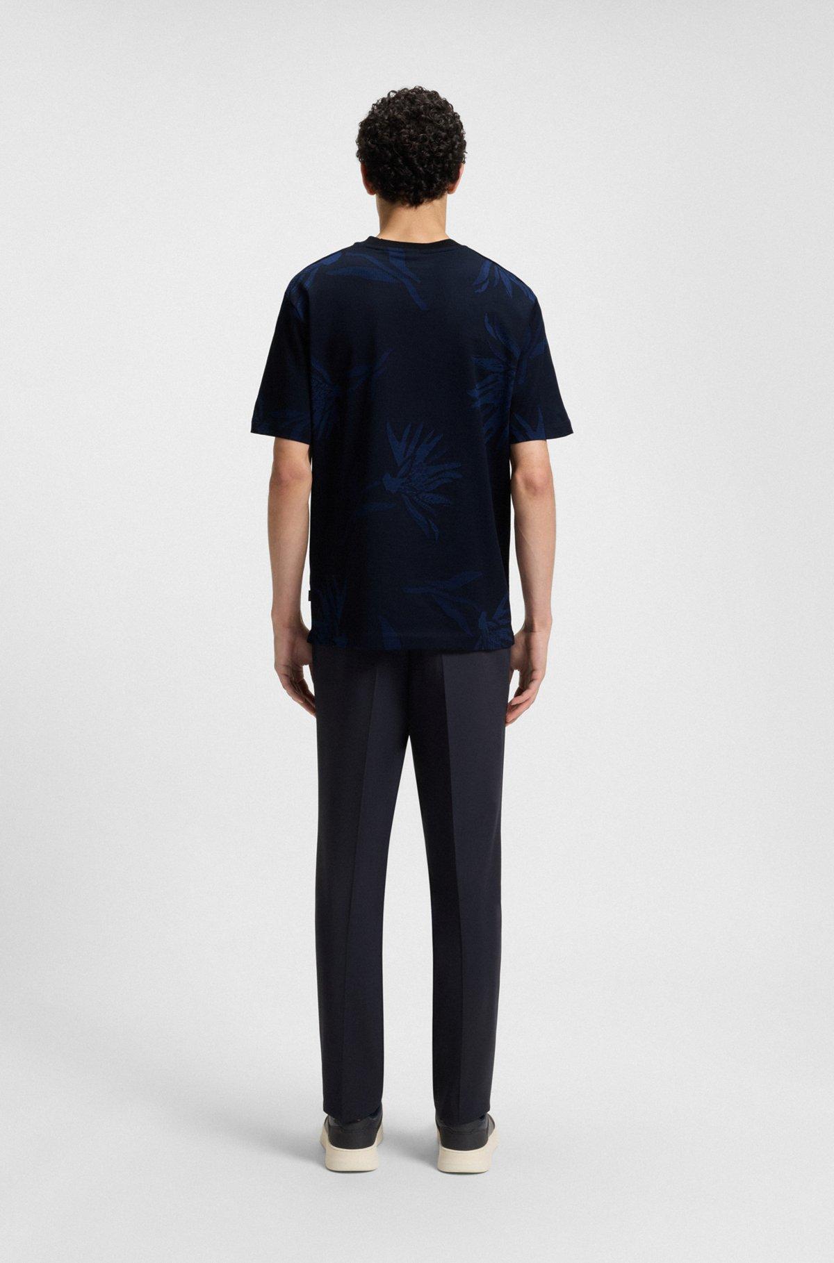 BOSS - Mercerized-cotton T-shirt with floral jacquard - Dark Blue Product Image