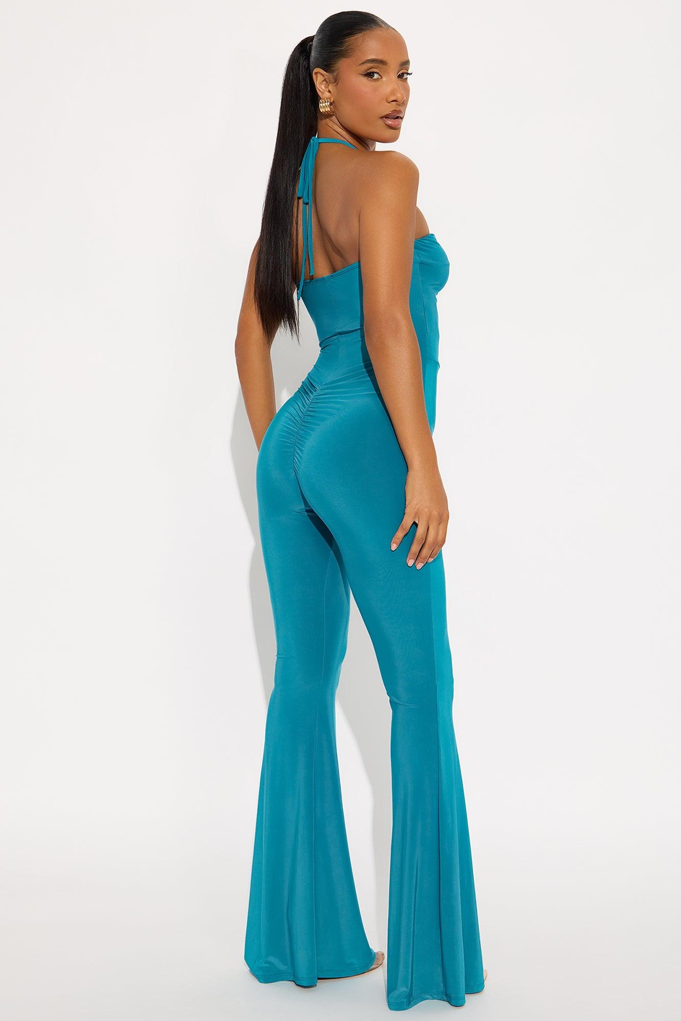 Mya Ruched Halter Flare Leg Jumpsuit - Teal Female Product Image