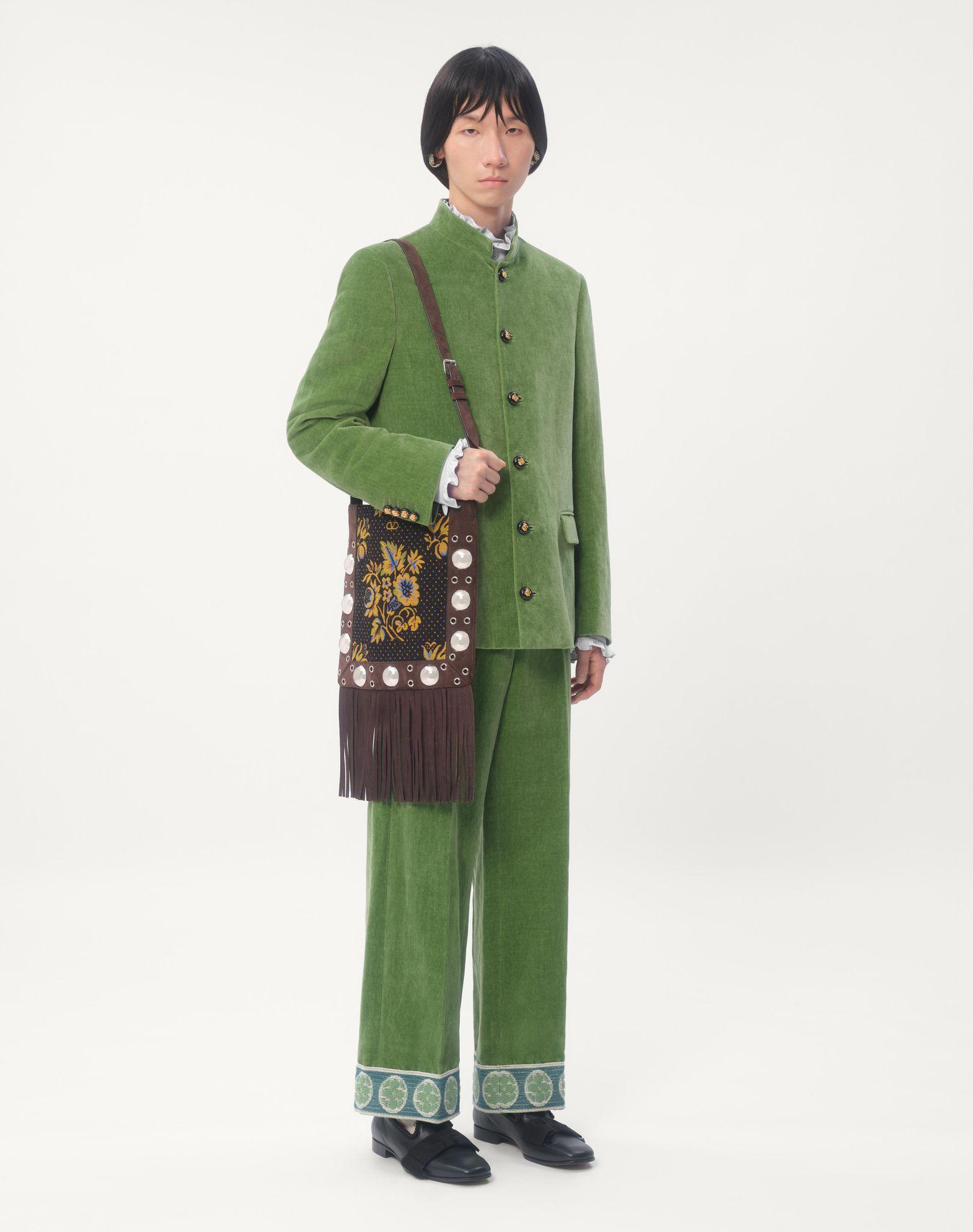 Cotton Velvet And Washed Linen Jacket With Mandarin Collar Product Image